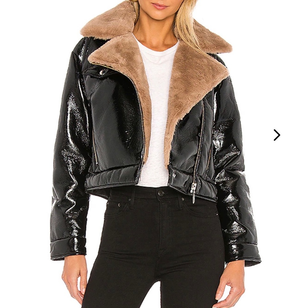 Faux patent leather fabric with faux fur jacket